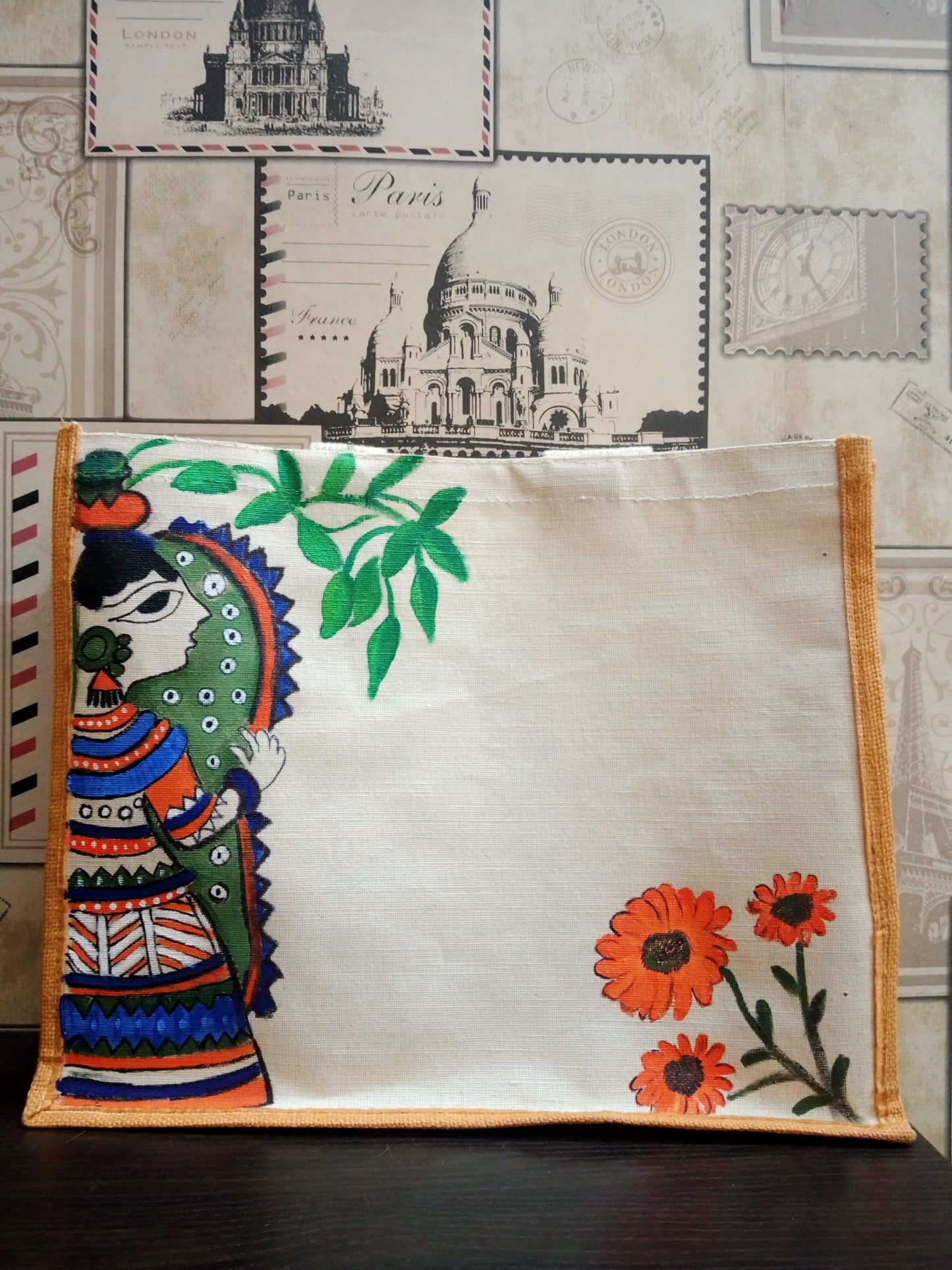 "Grace of Tradition" – Hand-Painted Madhubani Jute Bag