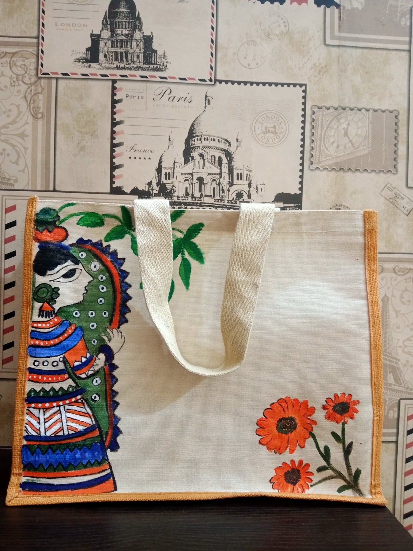 "Grace of Tradition" – Hand-Painted Madhubani Jute Bag