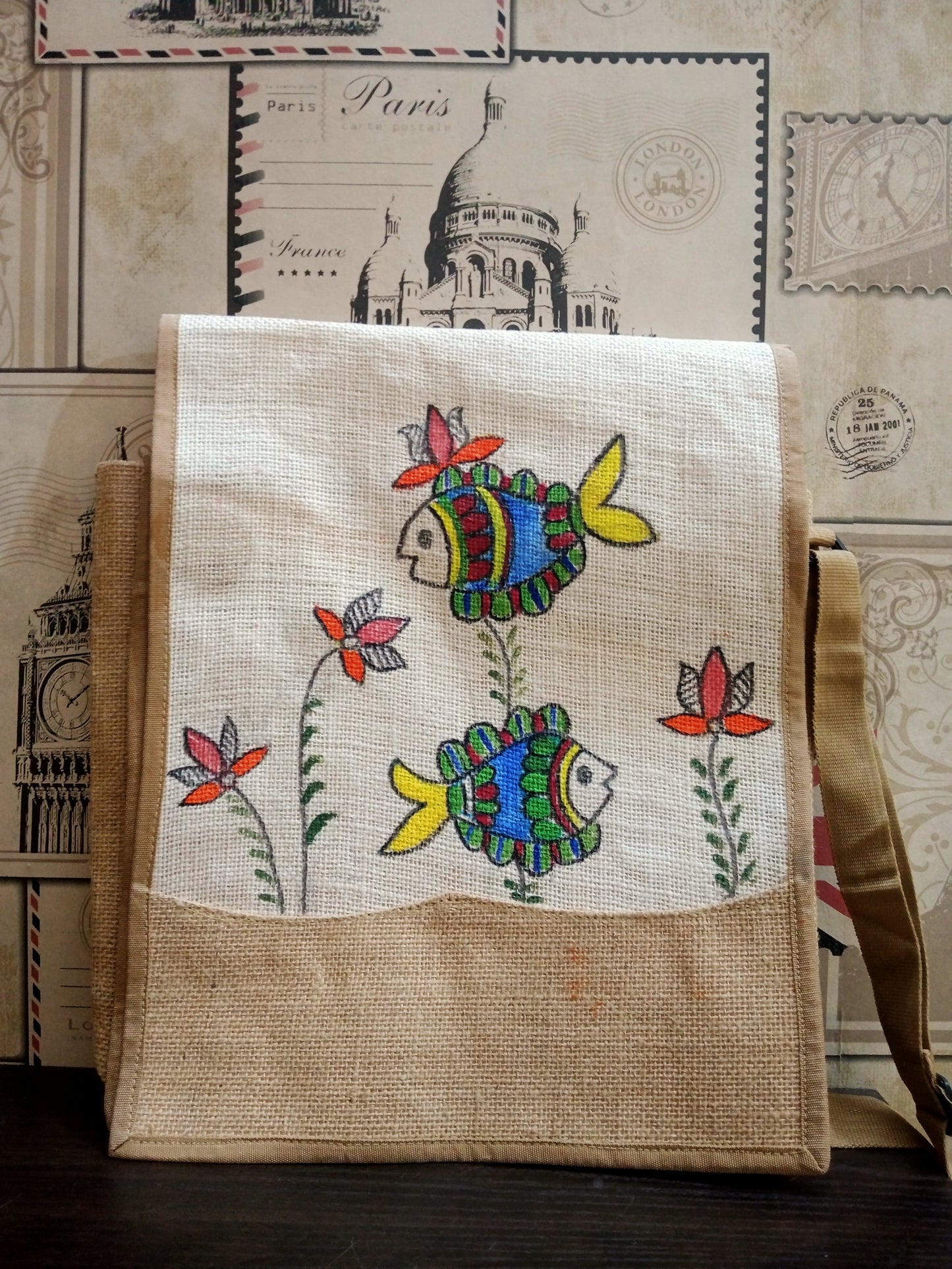 "Folk Fins" – Hand-Painted Fish Motif Jute Side Bag