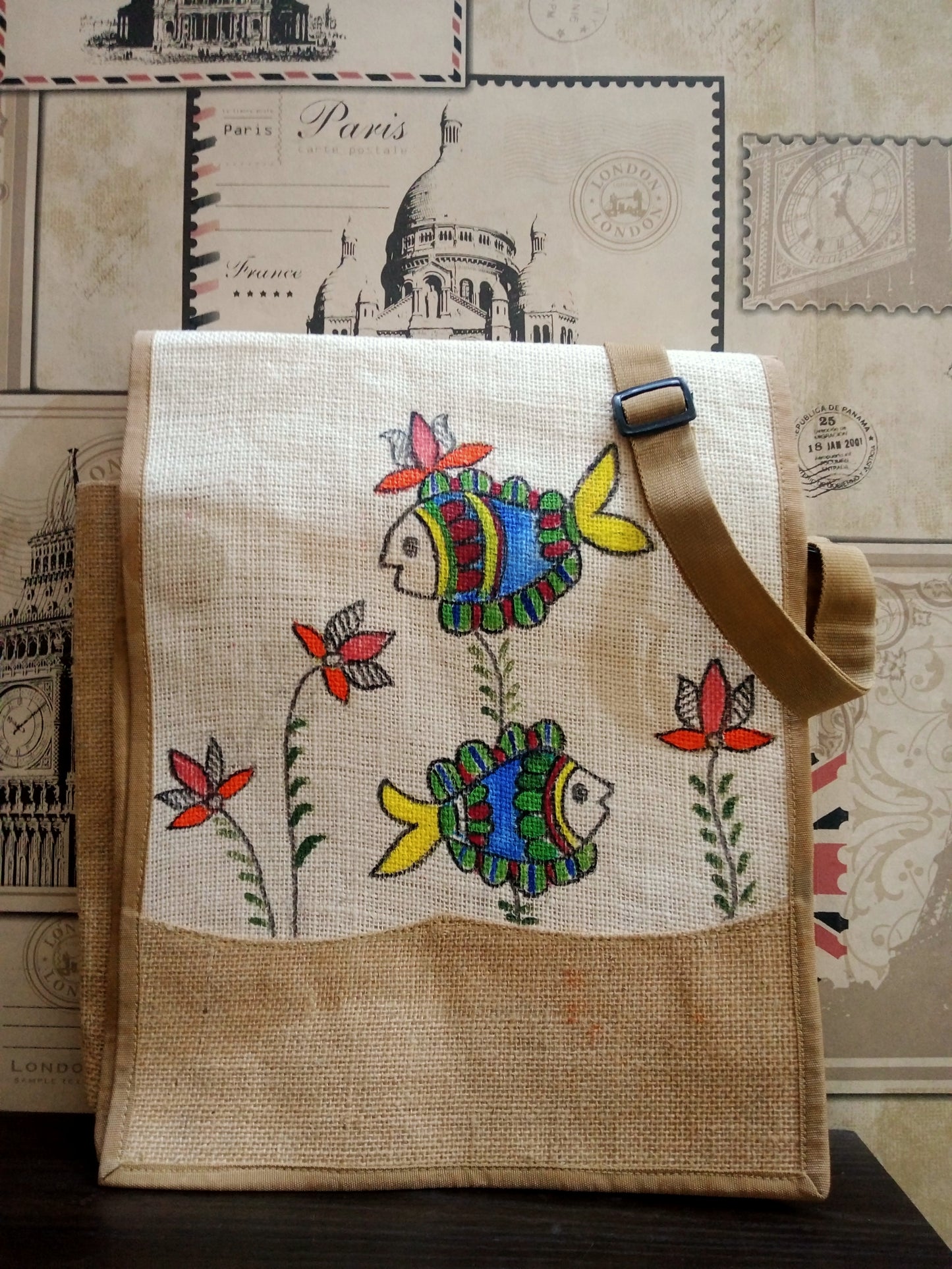 "Folk Fins" – Hand-Painted Fish Motif Jute Side Bag