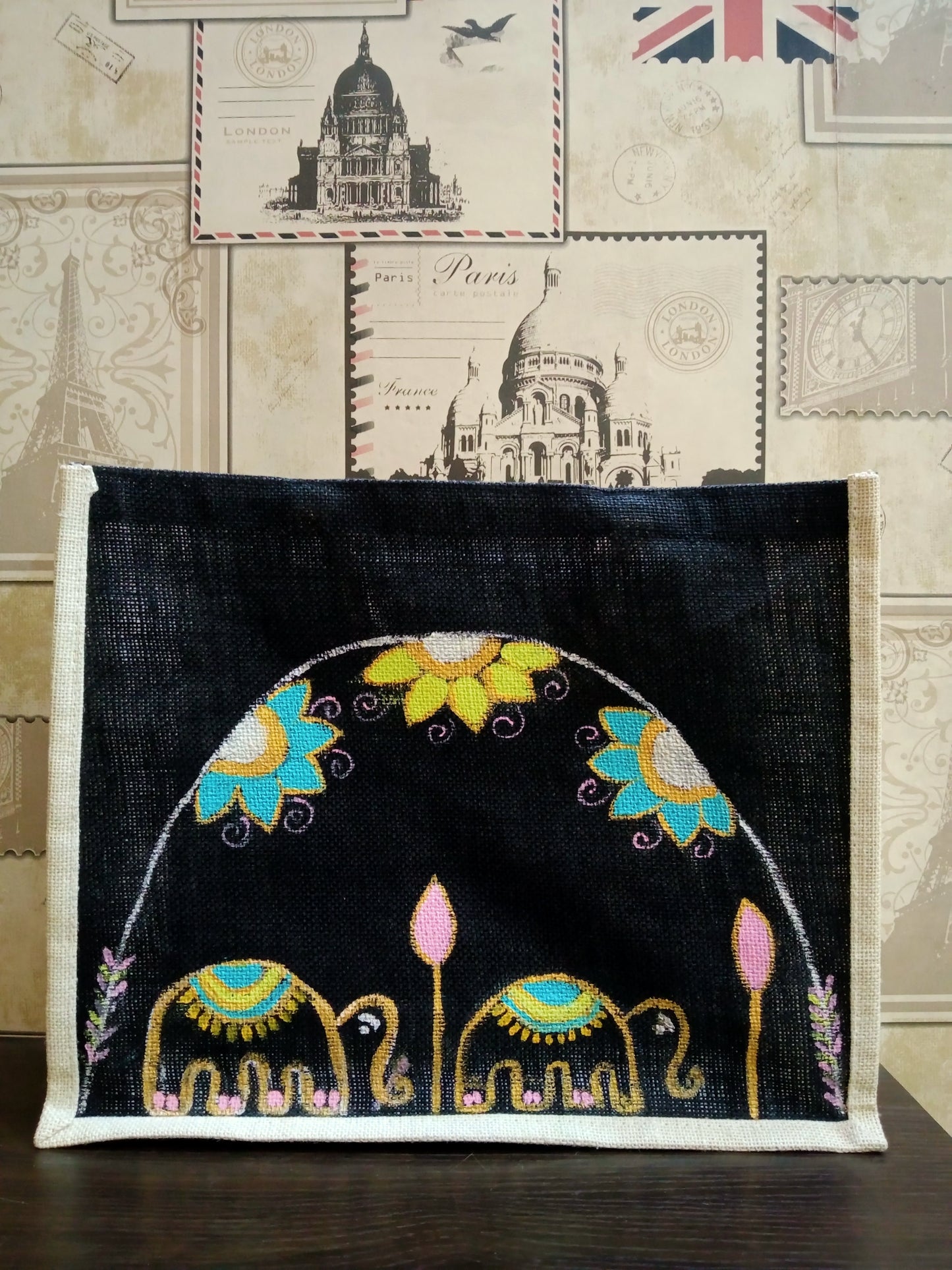 "Royal Parade" – Hand-Painted Elephant Motif Jute Bag