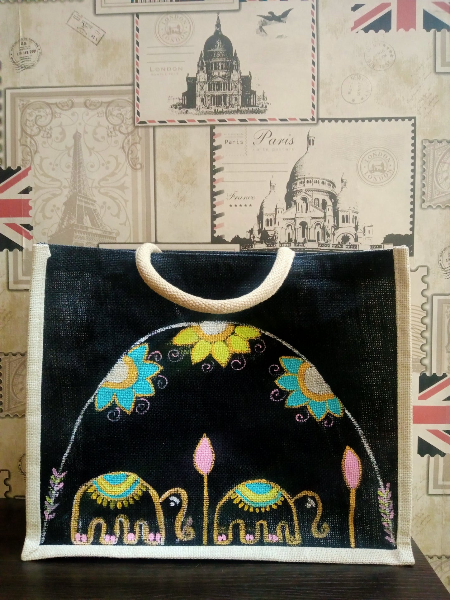 "Royal Parade" – Hand-Painted Elephant Motif Jute Bag