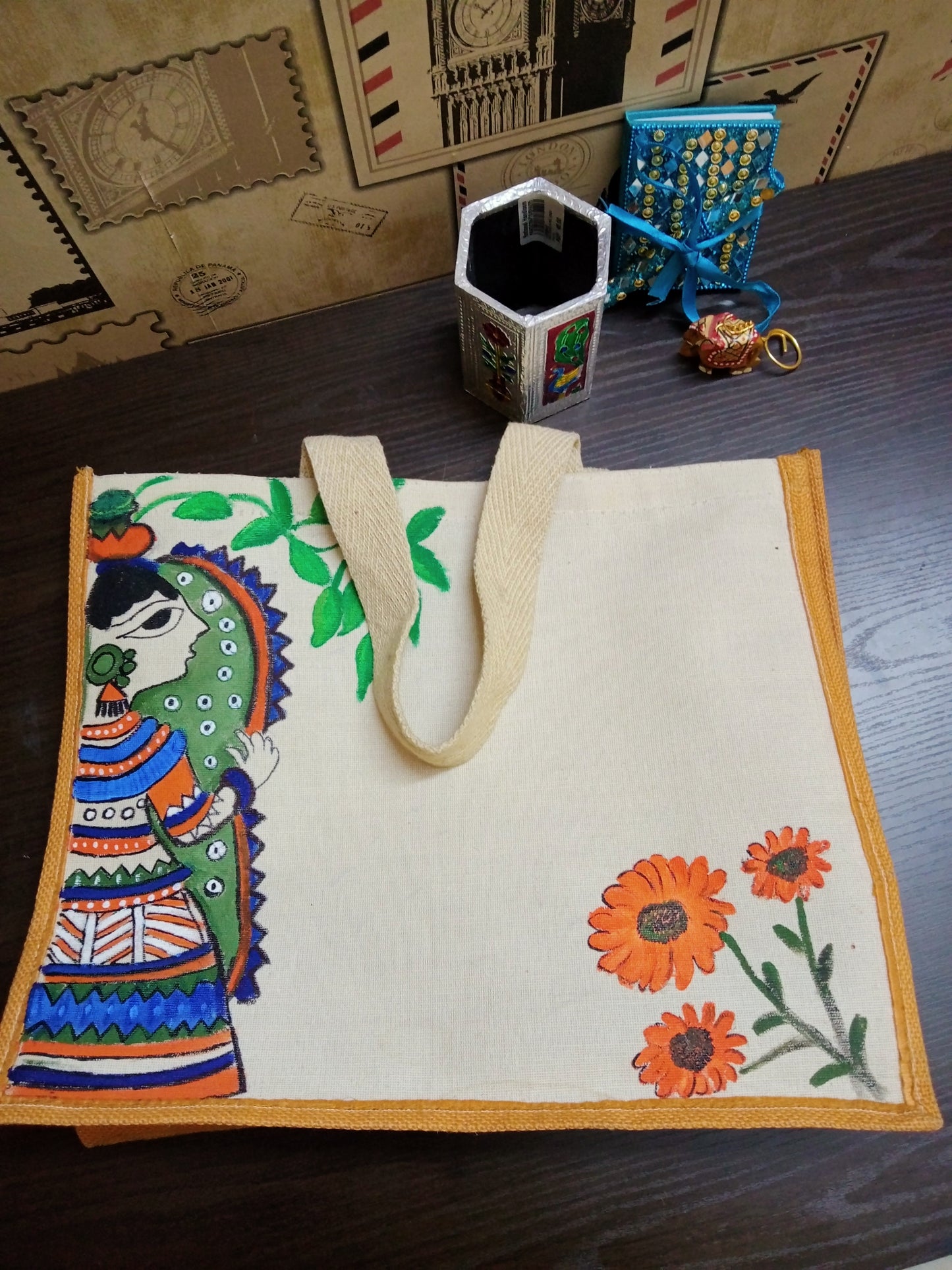 "Grace of Tradition" – Hand-Painted Madhubani Jute Bag