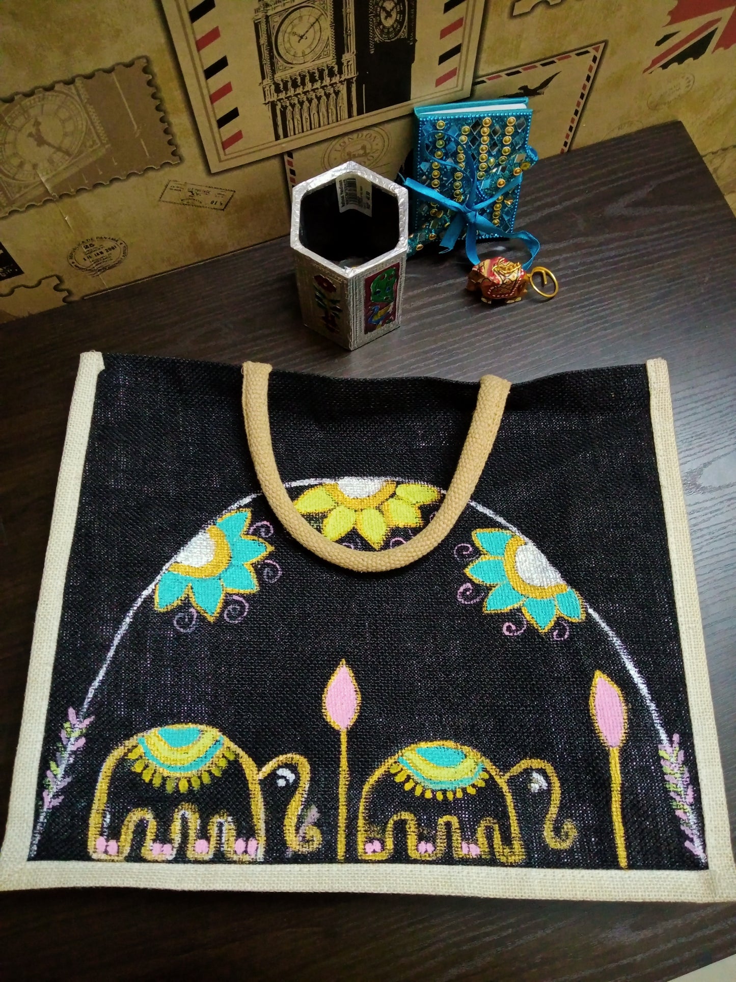"Royal Parade" – Hand-Painted Elephant Motif Jute Bag
