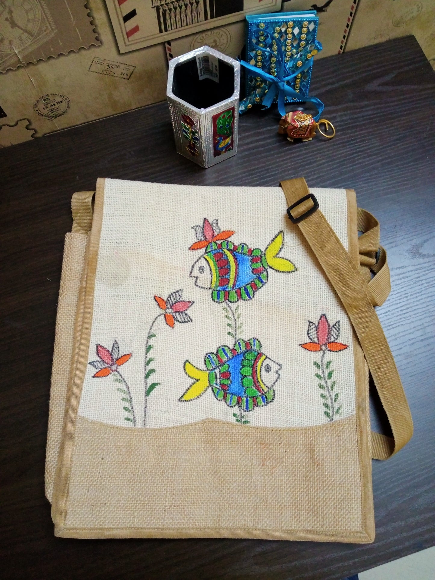 "Folk Fins" – Hand-Painted Fish Motif Jute Side Bag